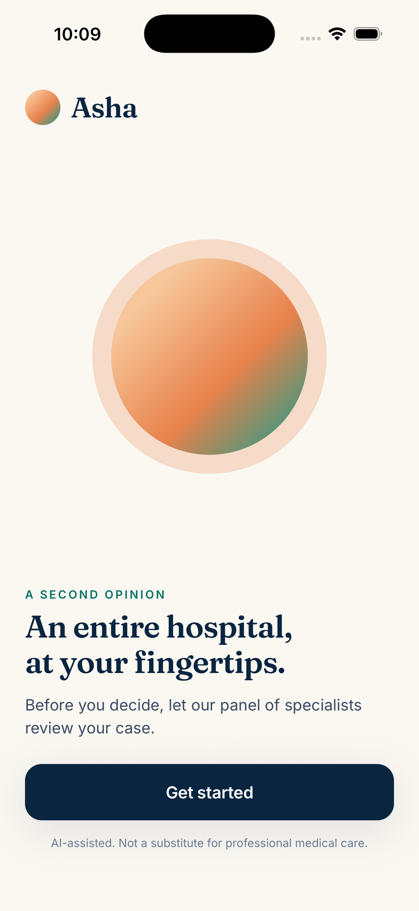 Asha first-launch welcome screen reading 'An entire hospital, at your fingertips' with a Get Started button.
