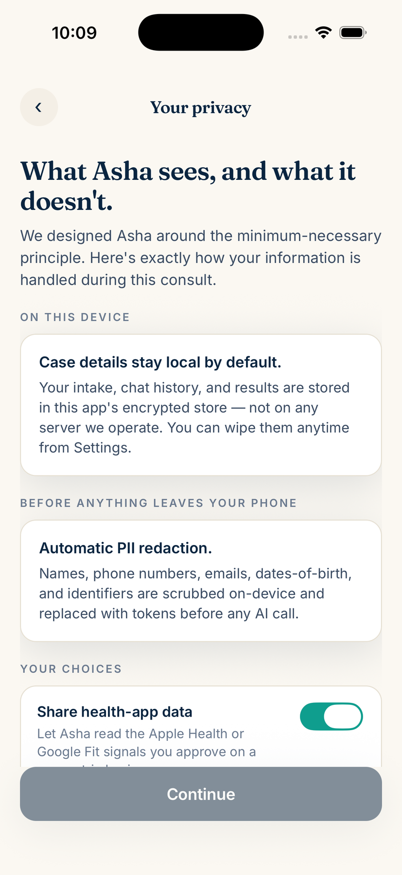 Asha privacy screen titled 'What Asha sees, and what it doesn't' with toggles for sharing health-app data and storing on device.