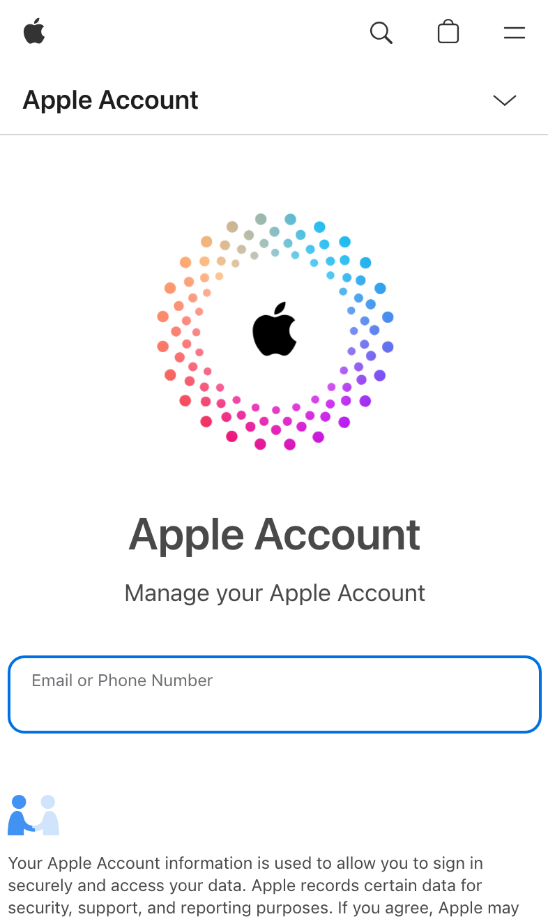 Apple Account sign-in page with Apple logo and an Email or Phone Number field.