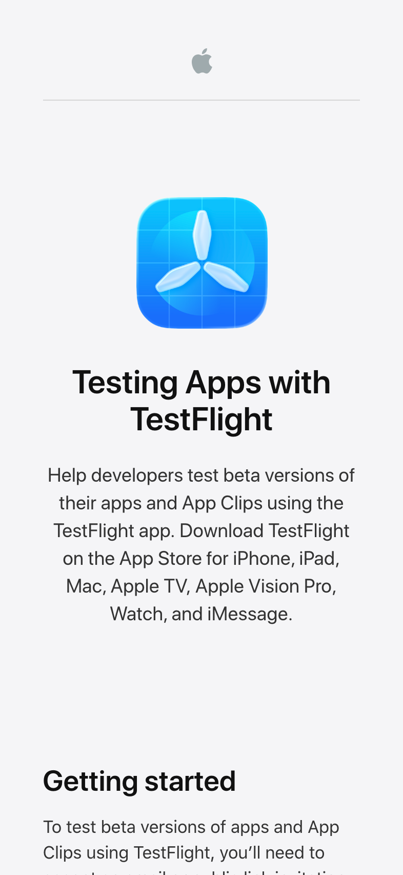 Apple's TestFlight page showing the white paper-airplane icon on a blue gradient and the heading 'Testing Apps with TestFlight'.