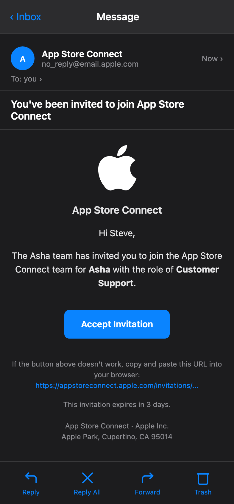 App Store Connect invitation email in Apple Mail showing 'You've been invited to join App Store Connect' and an Accept Invitation button.