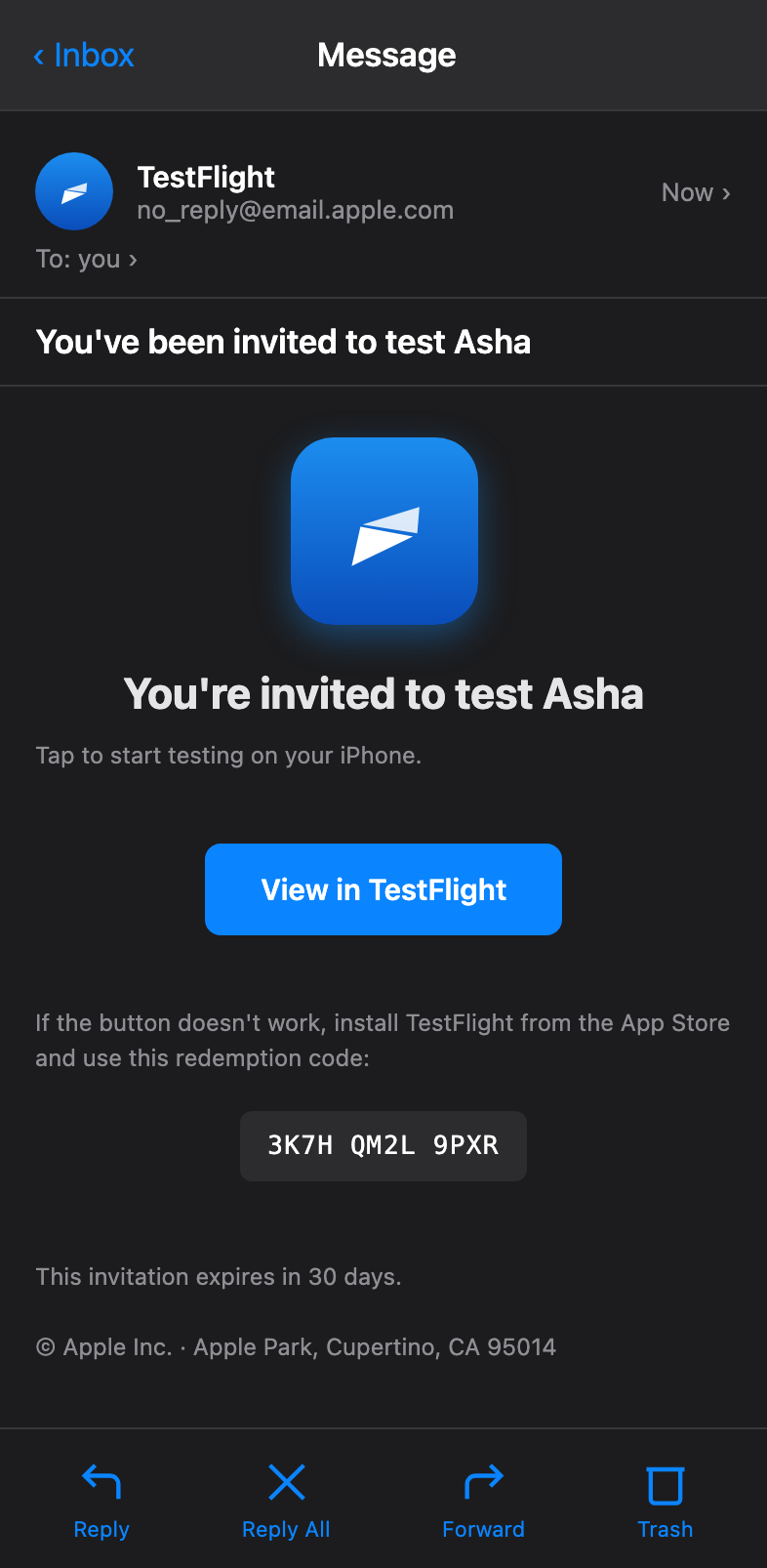 TestFlight invitation email in Apple Mail with the TestFlight icon, 'You're invited to test Asha' headline, View in TestFlight button, and a redemption code below.