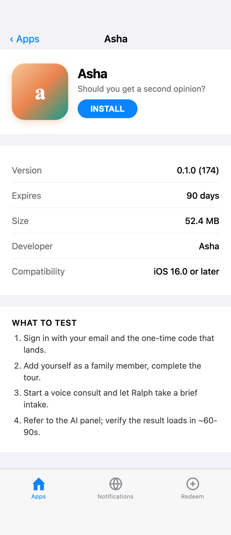 TestFlight app showing the Asha listing with saffron-and-teal app icon, 'Should you get a second opinion?' subtitle, Install button, version 0.1.0 (174), and a What to Test section.