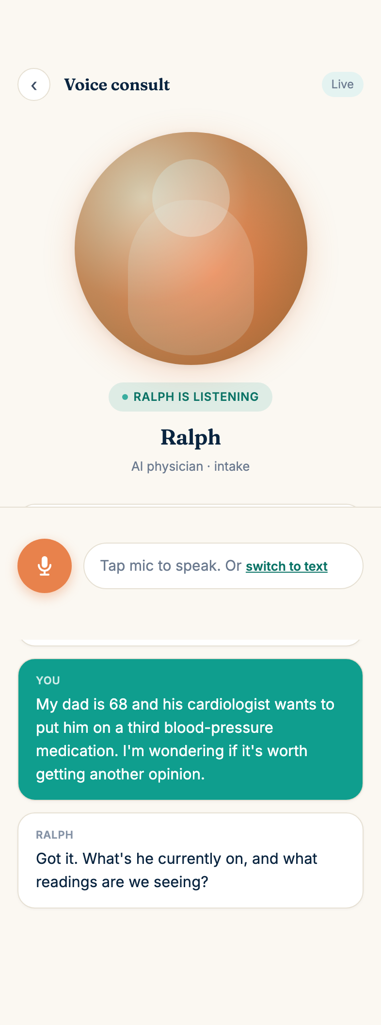 Asha voice consult screen with Ralph's circular avatar in saffron tones, a 'Ralph is listening' indicator, a transcript of the conversation, and a microphone button at the bottom.