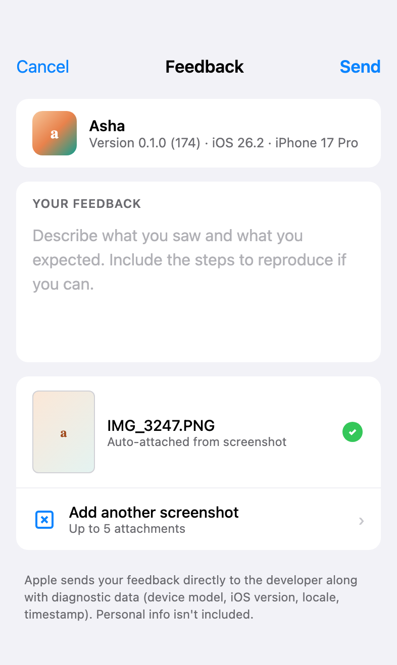 TestFlight 'Send Beta Feedback' composer with the Asha app meta-info, a feedback text field, and an auto-attached screenshot.